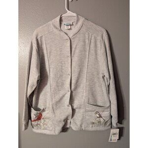 Kittens Cardigan Petite M Gray Bird Pocket Embroidery Snap Front USA VTG NWT